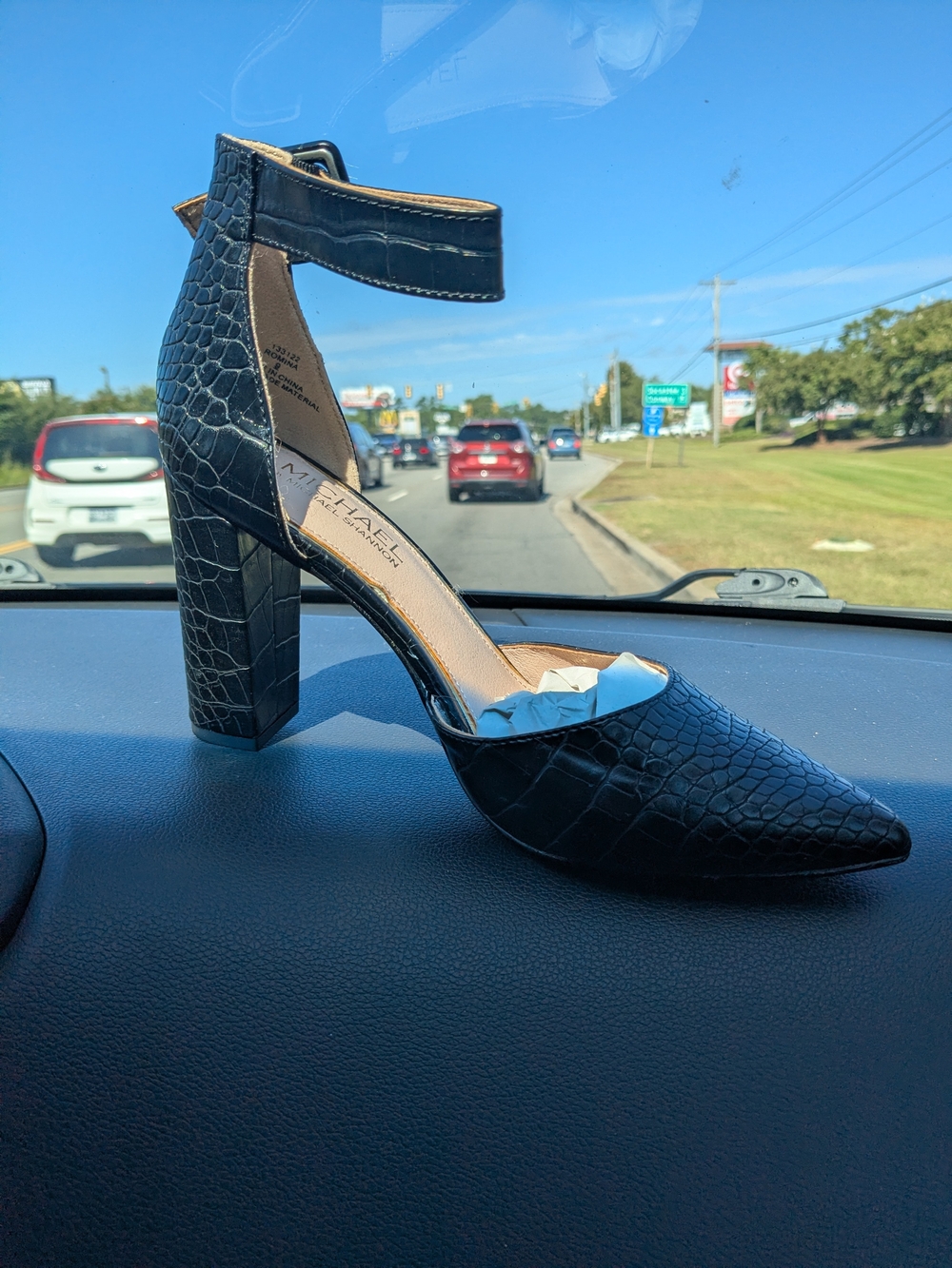 Black Croc-Embossed Pointed Ankle-Strap Block Heel